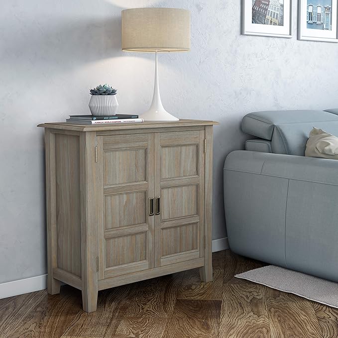 SIMPLIHOME Burlington SOLID WOOD 30 inch Wide Transitional Low Storage Cabinet in Distressed Grey for the Living Room, Entryway and Family Room
