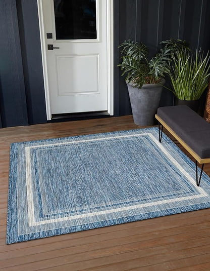 Unique Loom Outdoor Border Collection Area Rug - Soft Border (7' 10" Square, Blue/ Ivory)
