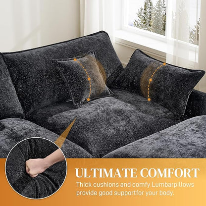 HYJT-H&K 145" U Shaped Cloud Couch Modular Black Fluffy Sectional Couches for Living Room, Comfy Chenille Oversized Cloud Couch Sectional, 6 Seat Large Sectionals Sofa Set Central Console USB