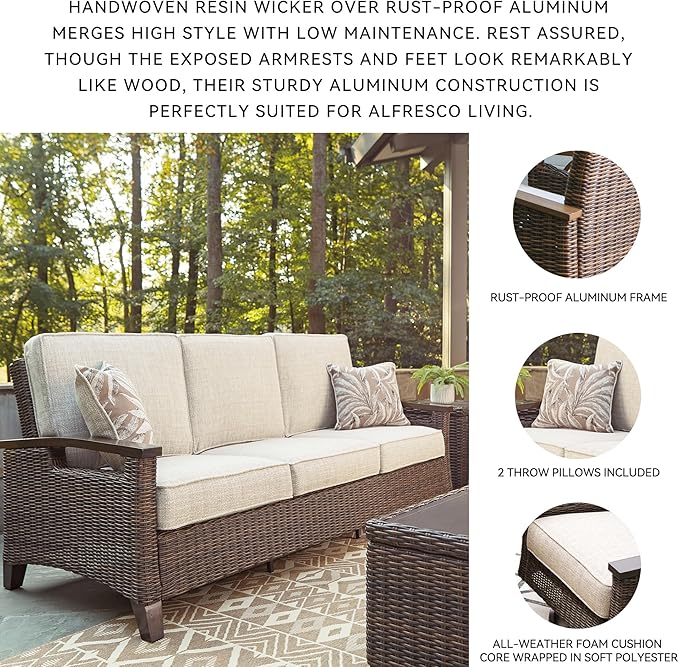 Signature Design by Ashley Paradise Trail Outdoor Patio Sofa with Cushion and 2 Throw Pillows, Cleanable Performance Fabric, Resin Wicker, Brown & Beige