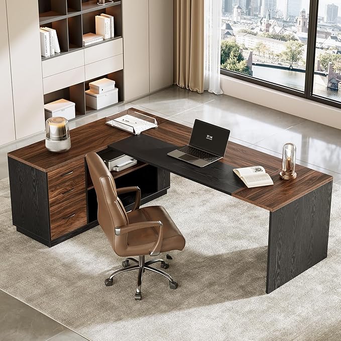 LITTLE TREE 78.7 Inches Modern Executive Desk with File Cabinet, Extra Large L Shaped Home Office Desk with Drawers, Professional Spacious Workstation for Home Office (Brown & Black)