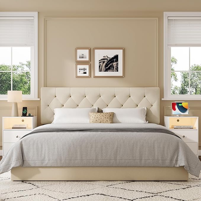 Upholstered Queen Headboard Only for Bed Frame from 49”-62”, Adjustable Height Queen Head Board with Durable Wood Legs, Bed Headboard in Modern Button Design, Beige