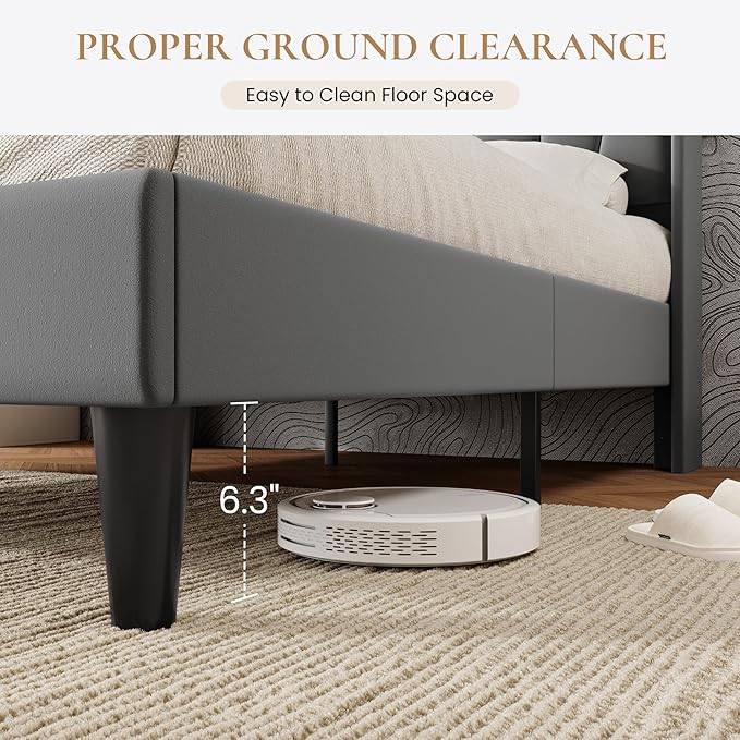 SHA CERLIN Full Size Bed Frame with Charging Station and LED Lights, Modern Velvet Platform Bed with Upholstered Geometric Wingback Headboard, No Box Spring Needed, Easy Assembly, Grey