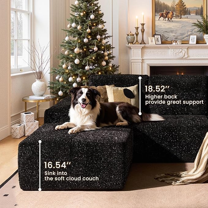 114" Glitter Cloud Sectional Couch with L-Shape Chaise & Ottoman, Modern Boneless Couches for Living Room, Fluffy Tufted Deep Seat Modular Sofa No Assembly (Black Sparkly Velvet,Right Facing)