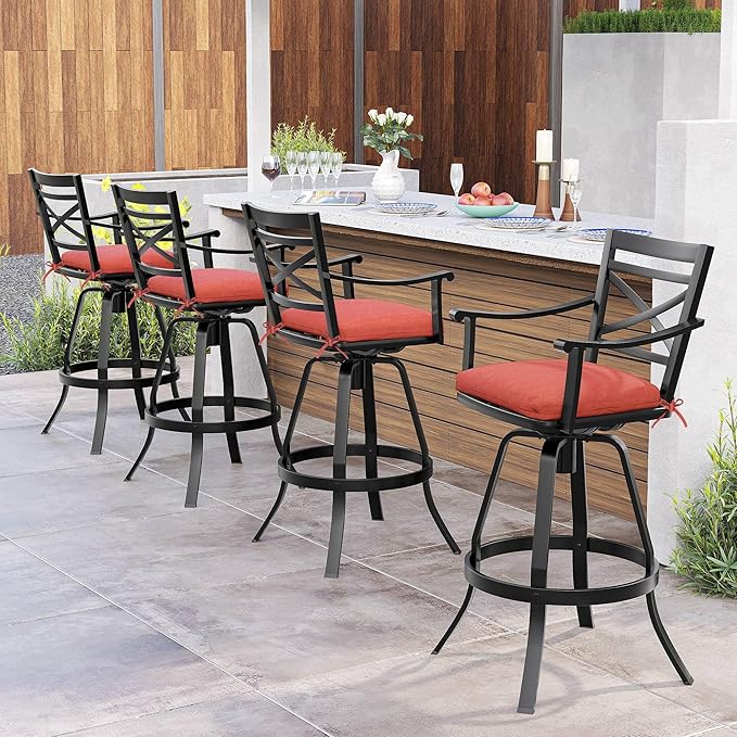 Pellebant 30" Sunbrella Outdoor Bar Stools Set of 4 Aluminum Swivel Patio Bar Height Bar Stools with Back & Footrest, for Deck Lawn Garden(Red)