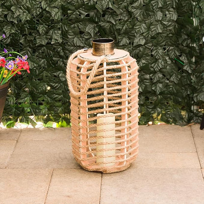 Alpine Corporation SKY392TM 28" H, Hemp Rope Wooden Lantern with Flickering LED Lights, Garden Decor for Patio, Lawn, and Yard