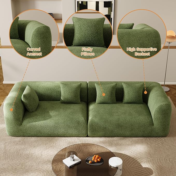 120'' Oversized Sectional Couches for Living Room Boneless Modular Sectional Sofa Plush Chenille Cloud Modular Couch Modern Sectionals with Deep Seat, No Assembly Required, 4 Seater, Green