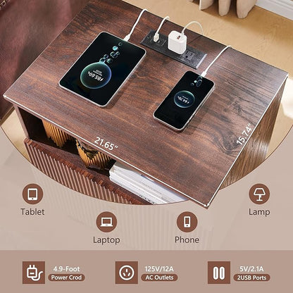 Fluted Night Stand with Charging Station, 21.65" Nightstand with 2 Drawer, 2 Drawer Dresser for Bedroom, Morden End Table Chests of Drawers Bedside Table for Bedroom, Living Room,Brown