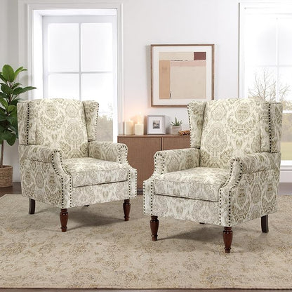 Wingback Accent Chairs Set of 2, High Back Upholstered Armchair, Printed Fabric Wingback Arms Chairs with Wood Legs, Single Sofa Reading Chair for Bedroom Living Room, White