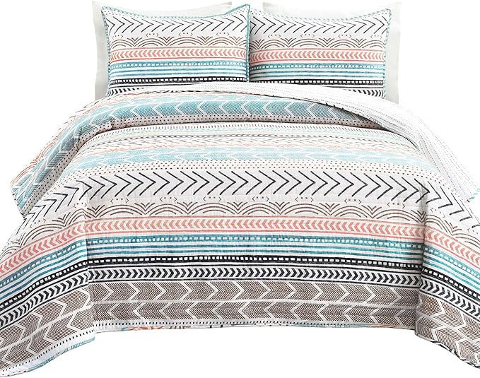 Lush Decor Hygge Geo Pattern Striped 3 Piece Quilt Bedding Set, Full/Queen, Neutral & Multicolored