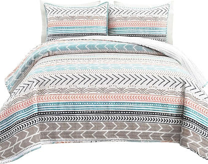 Lush Decor Hygge Geo Pattern Striped 3 Piece Quilt Bedding Set, Full/Queen, Neutral & Multicolored