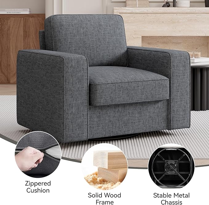 Swivel Accent Sofa Chair Set of 4, Modern Comfy Oversized Upholstered Cushion Back Armchair in Linen 1pcs for Living Room, Bedroom, Reading Room(Dark Gray)