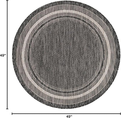 Unique Loom Outdoor Border Collection Area Rug - Soft Border (4' 1" Round, Black/ Ivory)