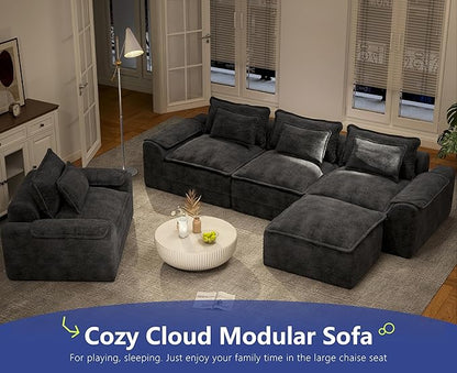 Hobestluk 120" Cloud Modular Sectional Couch 3-Seater Sofa with Ottoman L Shaped Sofa with Removable Cover Large Sofa Couch for Living Room (Blue Grey, 3-Seater Sofa with One Ottoman)