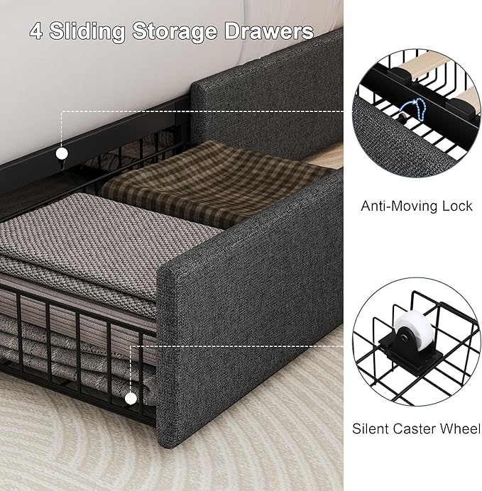 Queen Size Upholstered Platform Bed Frame with 4 Storage Drawers and Charging Station, Linen Button Tufted Wingback Headboard, Sturdy Wooden Support Slats, No Box Spring Needed, Dark Grey