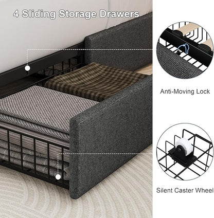 Full Size Upholstered Platform Bed Frame with 4 Storage Drawers and Charging Station, Linen Button Tufted Wingback Headboard, Sturdy Wooden Support Slats, No Box Spring Needed, Dark Grey