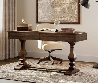 WAMPAT 60-inch Vintage Wood Home Office Desk with Stable Solid Wood Pedestral Legs, Tradional Rustic Executive Desk with Deep Drawers and Power Outlets for Office,Study,Dark Walnut Brown