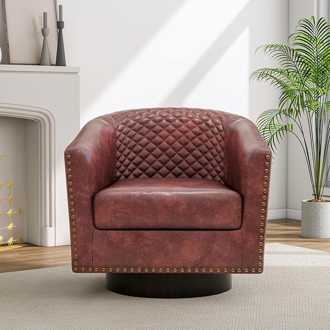 Pia Ricco Faux Leather Swivel Barrel Accent Chairs, 360° Swivel Round Single Sofa Chair, Comfy Upholstered Club Armchair with Nailhead Trim for Living Room/Reading Room/Bedroom, Red Brown