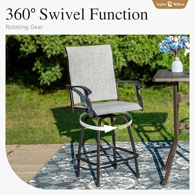 Sophia & William Swivel Bar Stools Set of 6, Outdoor Bar Height Chairs, High Top Patio Chairs, Supports 300 lbs (Grey Fabric)