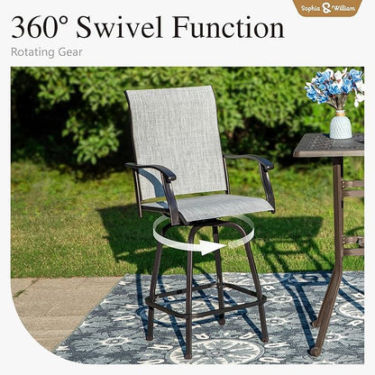Sophia & William Swivel Bar Stools Set of 4, Bar Height Chairs, Outdoor Bar Chairs, High Top Patio Chairs, Supports 300 lbs (Grey Fabric)