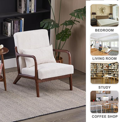 Accent Chairs, Set of 2 Mid-Century Modern Chair with Pillow, Armchair with Solid Wood, Reading Relaxing Leisure Chair for Living Room（White）