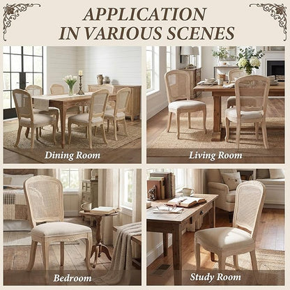 Wicker Dining Chairs Set of 2, Upholstered Linen Fabric Dining Room Chairs with Square High Rattan Back Farmhouse French Kitchen Chairs for Dining Table/Living Room/Restaurant, Cream