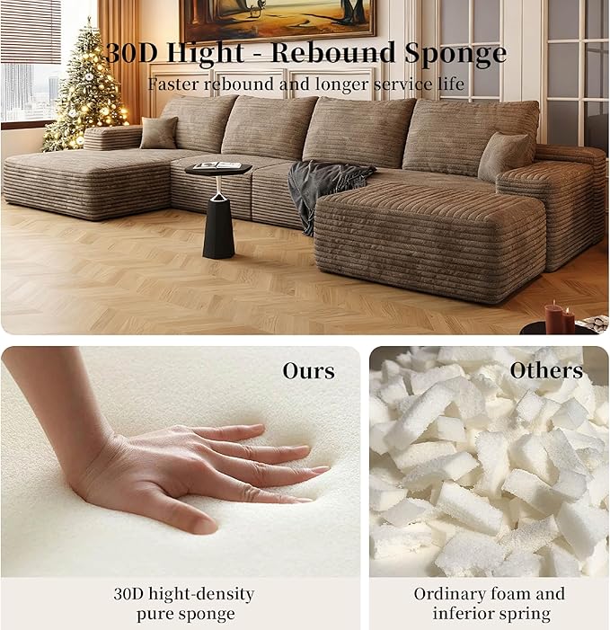 135.4" Large Cloud Modular Sectional Couch with Ottoman, Minimalist Upholstered Couches, Comfort U Shaped Sofa for Living Room,Deep Seat Corner Couch，No Assembly Required (Camel,Left Facing Chaise)