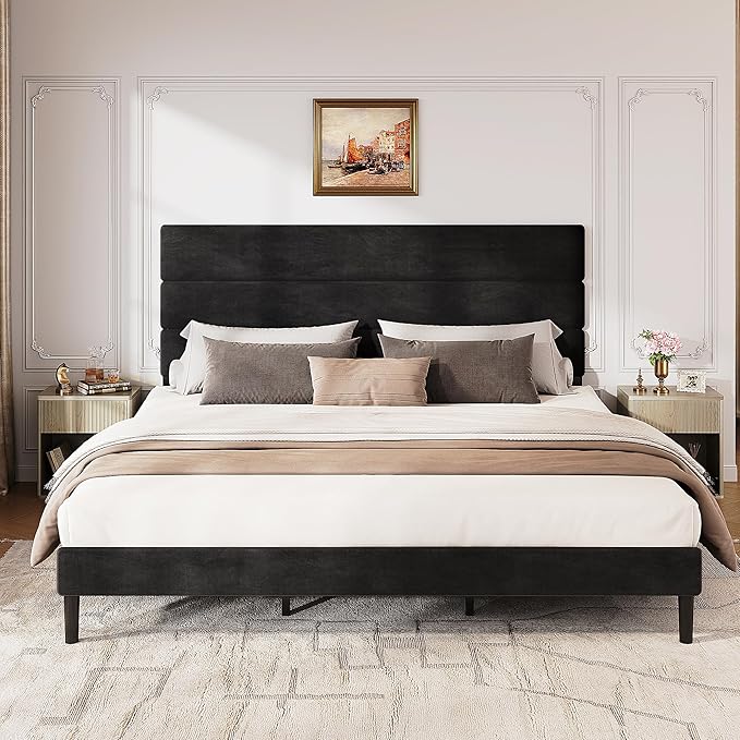 WLIVE King Size Upholstered Bed Frame, Velvet Square Tufted Headboard, Sturdy Metal & Wooden Slats Support, No Box Spring Needed, Black