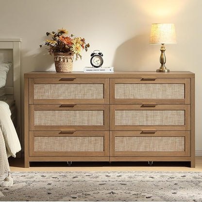 SICOTAS Rattan Dressers for Bedroom Set 2, Large 6 Drawer Dresser Long Chest of Drawers, Dresser Farmhouse TV Stand for Bedroom, Living Room, Nursery, Closet (Reclaimed Caramel Oak, 2 Pieces)