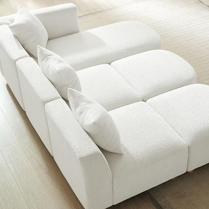 VANOMi 109.84" Modular Sectional Sofa with 3 Pillows, Convertible 5-Seater Comfy Boucle Cloud Couch with Ottoman, Modern Sectional Sofas for Living Room, Office, Apartment (White)