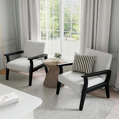 HNY Mid Century Modern Accent Chairs Set of 2 with Black Wood Frames, Linen Upholstered Living Room Arm Chairs for Living Room, Bedroom, Ivory