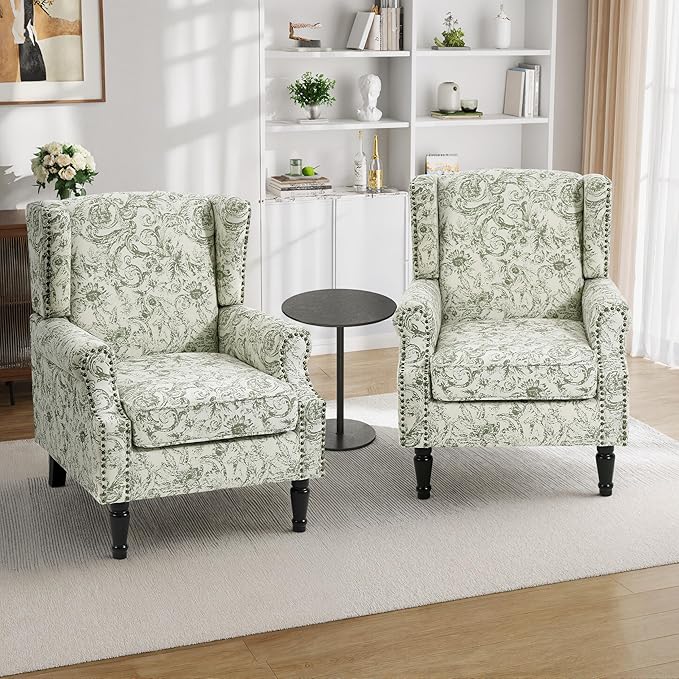 Pia Ricco Set of 2 Floral Accent Chairs, High Back Upholstered Armchairs with Retro Wingback Design, Nailhead Trim & Solid Wood Legs for Living Room Bedroom(Plants Green)