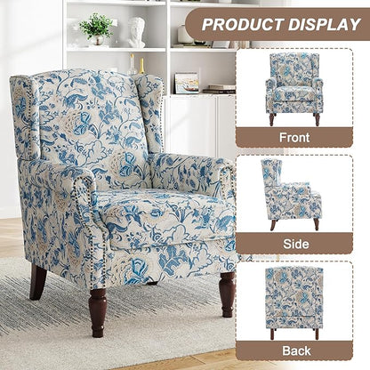 Pia Ricco Set of 2 Floral Accent Chairs, High Back Upholstered Armchairs with Retro Wingback Design, Nailhead Trim & Solid Wood Legs for Living Room Bedroom(Flower Blue)