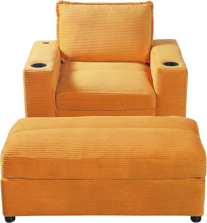 Christopher Knight Home Zoe Oversized Chaise Lounge Chair Indoor with Cup Holders & USB Charging Port, Corduroy Upholstered Sofa Bed + Ottoman with Storage, Comfy Deep Seat Sleeper Sofa Chair, Yellow