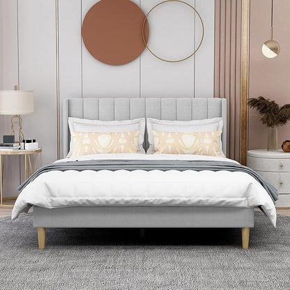 AGARTT Upholstered Platform Bed Frame Queen Size with Headboard and Footboard/Wooden Slats Support/No Box Spring Needed/Easy Assembly,Light Grey Linen