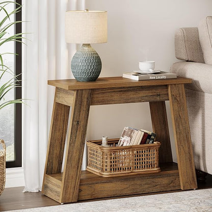 Tribesigns Wood End Table Set of 2, Small Side Table with 2 Storage Shelves, Rustic Accent Narrow Nightstand for Living Room, Bedroom (2)
