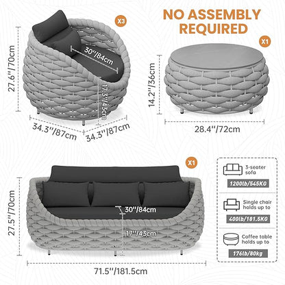 Aluminum Outdoor Patio Couch Set: 5 Pieces Woven Rope Porch Furniture Sofa Set Cushioned - Metal Modern Deck Conversation Set - All Weather Assembled Courtyard Seating for Backyard Pool Hotel