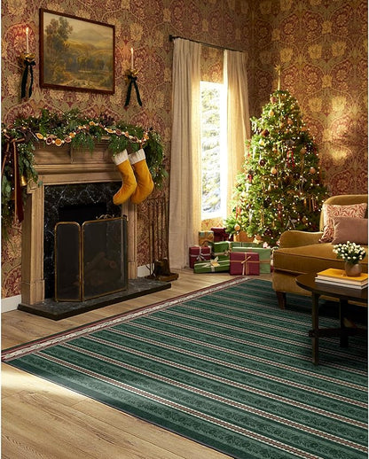 RUGGABLE x Morris & Co Machine Washable Christmas Area Rug– Fruit Stripe Spruce Green 9x12, Stain-Resistant, Non-Slip–Large Rugs for Living Room, Bedroom, Hallway, Entryway & Office–with Standard Pad