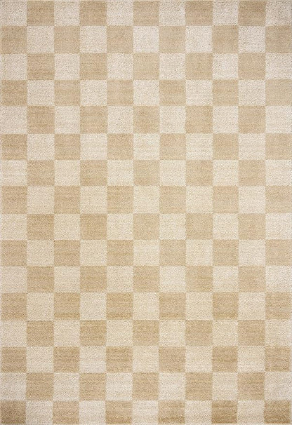 Loloi Chris Loves Julia Calvin Collection CLV-01 Wheat/Ivory 3'-6" x 5'-6" Accent Rug Checkered Neutral Soft Living Room Bedroom Carpet