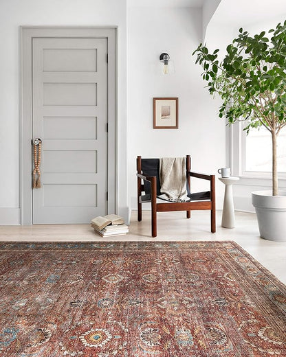 Loloi Layla Collection LAY-01 Brick/Blue 2'-3" x 3'-9" .13" Thick Accent Rug, Soft, Durable, Vintage Inspired, Distressed, Low Pile, Non-Shedding, Easy Clean, Printed, Living Room Rug