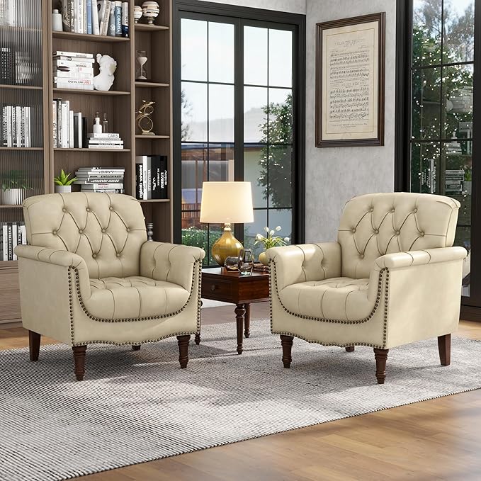 Lumibee Faux Leather Armchairs, Contemporary Accent Chairs Set of 2 with Nailhead Trims & Wood Legs for Living Room, Upholstered Comfy Arm Chairs for Office,Bedroom-Beige