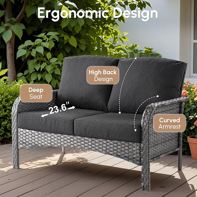 4 Pieces Wicker Patio Furniture - All-Weather PE Wicker Outdoor Conversation Bistro Set Loveseat Chairs with Table,Outdoor Rattan Sofa Chair High Back Deep Seating,Black
