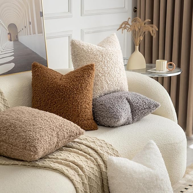 Pack of 2 Curly Teddy Wool Faux Fur Throw Pillow Covers Fuzzy Accent Soft Sherpa Pillowcases Sheepskin Fleece Decorative Cushion Case for Sofa Couch Living Room 26x26 Inch Light Grey