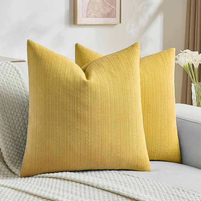 FUTEI Mustard Yellow Decorative Throw Pillow Covers 26x26 Inch Set of 2,Soft Cozy Wheat Ear Striped Patterns Euro Pillow Shams,Modern Home Decor for Couch Bed Living Room