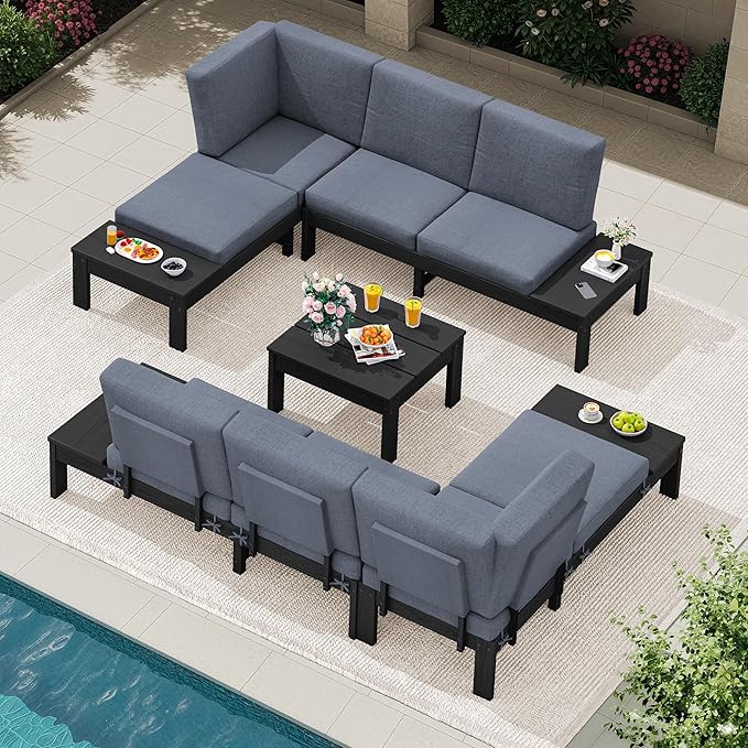 SERWALL HDPE Patio Furniture Set, All-Weather Modular Outdoor Conversation Furniture, Seats 8, Outdoor Sofa Set for Garden, Deck or Poolside, Black Frame with Grey Cushion