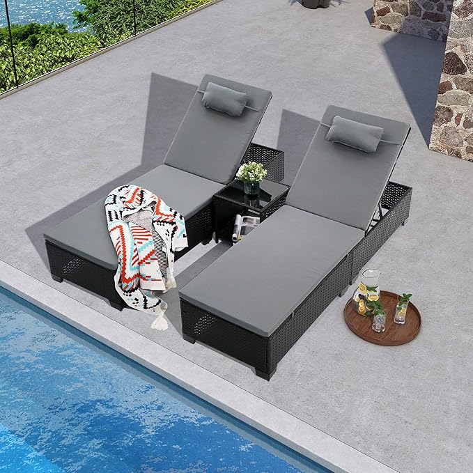 3 PCS Patio Chaise Lounge with Coffee Table Cushion&Pillow Outdoor Lounge Chair Chaise Lounger Patio Reclining Chair 5 Angle Adjustment Black PE Rattan for Courtyards Poolside (Dark Gray)