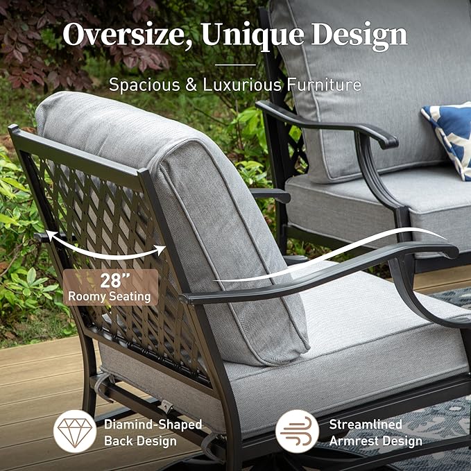 4 Piece Metal Outdoor Patio Furniture Set, Patio Conversation Set 1 3-seater Sofa, 2 Rocking Chair with 5.75" Extra Thick Cushion and Coffee Table, Black Frame Backyard Furniture, Gray