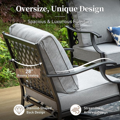 4 Piece Metal Outdoor Patio Furniture Set, Patio Conversation Set 1 3-seater Sofa, 2 Rocking Chair with 5.75" Extra Thick Cushion and Coffee Table, Black Frame Backyard Furniture, Gray