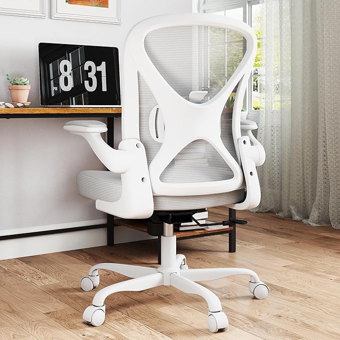 ZZH Ergonomic Office Chair with Adjustable Lumbar Support, Mesh Home Office Desk Chair with Wheels and Flip-up Arms, Grey