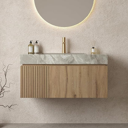 Bathroom Vanity with Sink 36 Inch, Floating Bathroom Vanity Sink Cabinet with Drawer and Door, Undermount Sink & Light Gray Sintered Stone Top, Pre-Assembled, White Oak